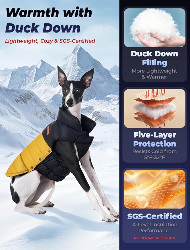 SPACE LION Dog Puffer Jacket, Down Winter Coat, Durable Outdoor Coat for Cold and Windy Conditions, Lightweight & Adjustable Fit Coats for Large Dogs, (BlackKhaki, Size28/4XL)