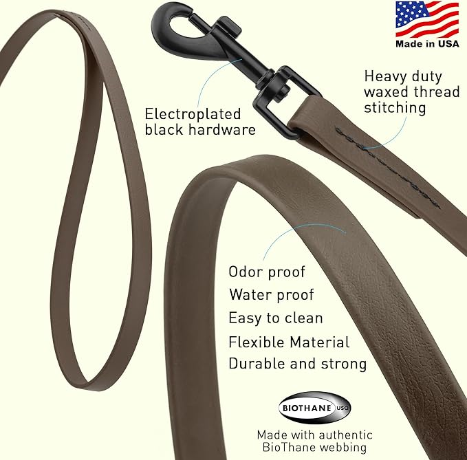 Dogline Biothane Waterproof Dog Leash Strong Coated Nylon Webbing with Black Hardware Odor-Proof Easy to Clean High Performance for Small or Large Dogs Made in USA 4 or 6 ft Lead, Dark Chocolate Brown