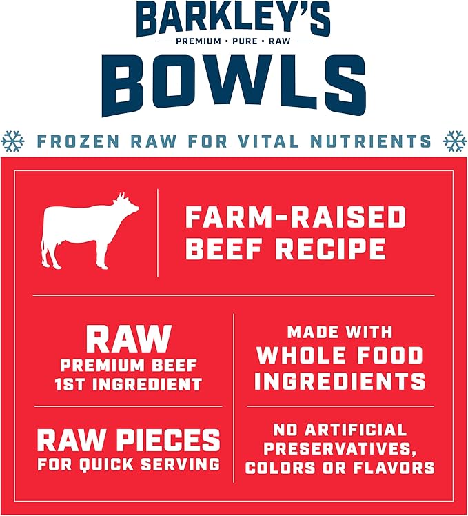Barkley’s Bowls, Frozen Raw Beef Dog Food, Fresh Whole Food Ingredients with Farm-Raised Beef, Grain Free, High Protein for Balanced Nutrition, Frozen Meals Made with Human Grade Ingredients, 4 lb Bag