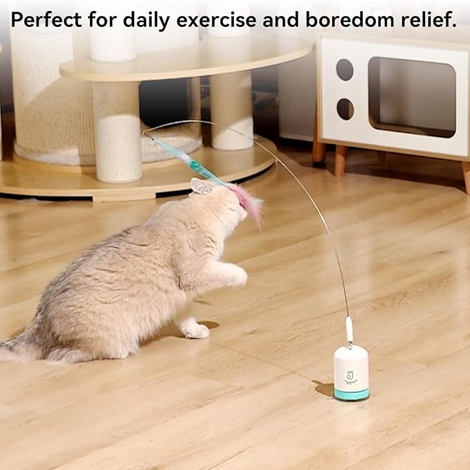 Migipaws Interactive Automatic Cat Teaser Wand Toy with Strong Suction Cup, 70cm Flexible Wire & DIY Bending Design, Rechargeable Cat Exercise Toy with Auto Timer for Indoor Cats (White)
