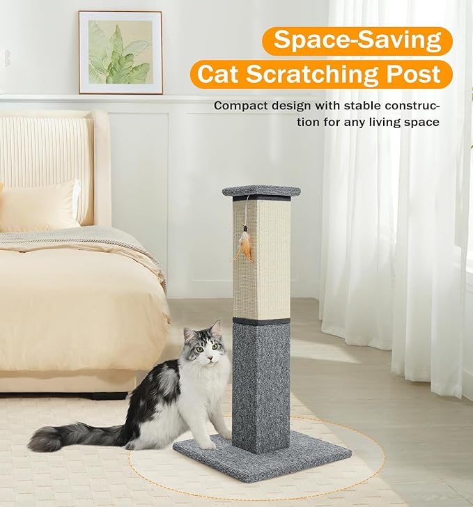 Made4Pets Cat Scratching Post, 32 Inch Natural Sisal & Carpet Covered Cat Scratcher with Kitten Toy, Dual-Material Tall Scratching Post for Indoor Cats Adults and Kittens, Beige