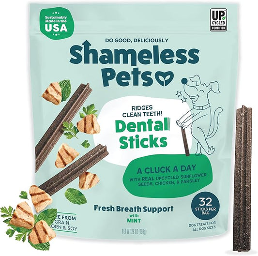 Shameless Pets Chicken & Mint Dental Chews for Dogs, 32 Chews - Natural Dog Teeth Cleaning Treats with Fresh Breath Benefits | Grain-Free Dental Sticks for Small, Medium & Large Dogs