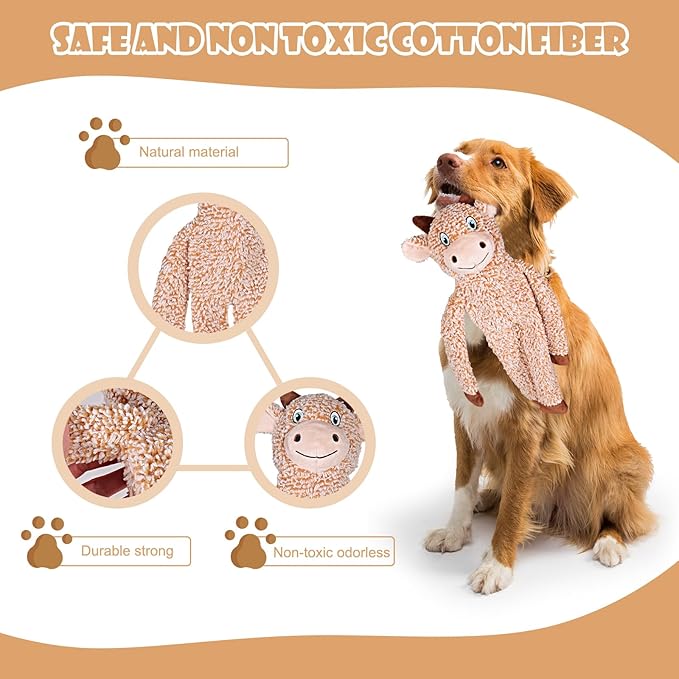 2 Pack Dog Toys with Squeakers, Plush Teething Toys to Keep Them Busy, No Stuffing Crinkle Interactive Dog Animals, Cute Funny Dogs Gifts for Small Medium Large Breed (Raccoon Cattle)