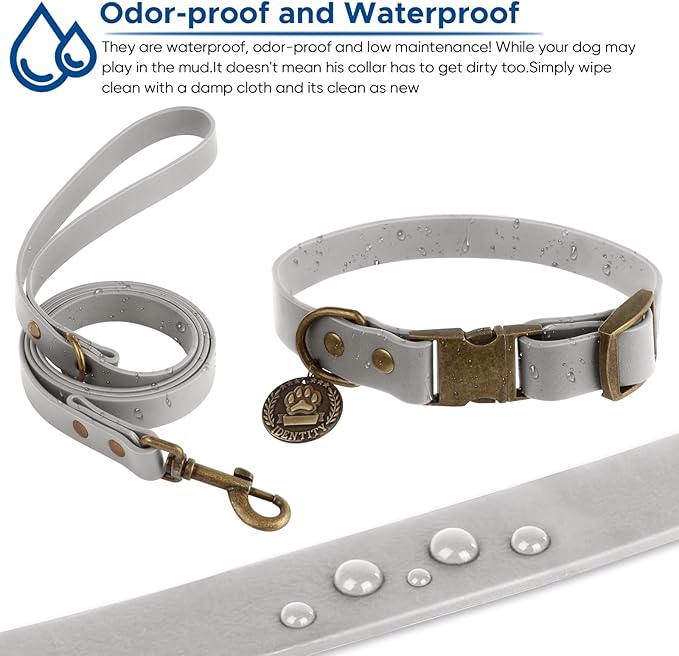 Wisedog Dog Collar and Leash Set, Waterproof Adjustable Puppy Collars with Cute Tag 5FT Dog Leash with Poop Bag for Small Medium Large Dogs (L, Grey)