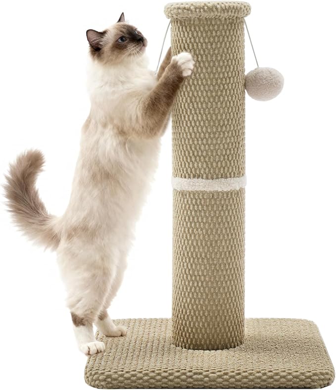 Made4Pets Tall Cat Scratching Post, 23.6" Modern Cat Scratcher with Hanging Balls, Heavy Duty and Thicker Scratching Post for Indoor Cats Adults, Sturdy Base Cat Scratch Post, Beige