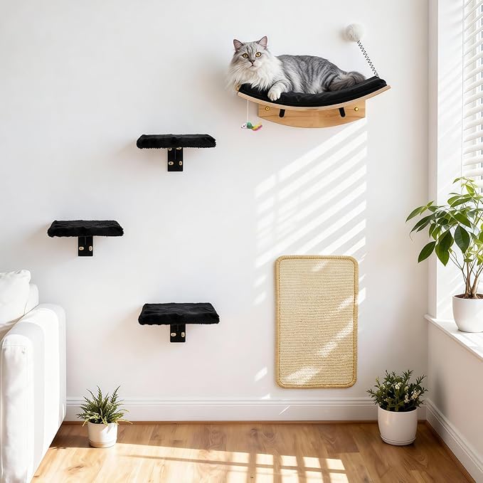 Cat Shelves for Wall，5 in 1 Cat Furniture Set with Soft Pad，Space-Saving Wall Mounted Shelves for Play & Rest