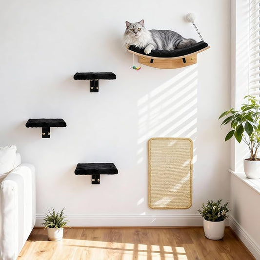 Cat Shelves for Wall，5 in 1 Cat Furniture Set with Soft Pad，Space-Saving Wall Mounted Shelves for Play & Rest