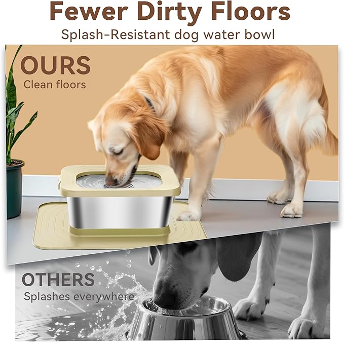 10L No Spill Dog Water Bowl, 2.6 Gal Stainless Steel No Splash Large Dog Water Bowl with Non-Slip Silicone Mat, Spill Proof Slow Drinking Pet Bowls for Messy Drinkers Indoor/Outdoor Use Beige