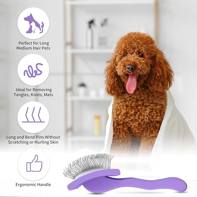 2 PCS Slicker Brush for Dogs & Pet Comb, Long Pins Dog Grooming Brush for Goldendoodles, Poodles, Labradoodles, Perfect to DeShedding, Dematting & Reducing Tangles. Large, Purple