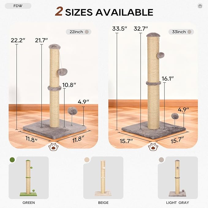 FDW 33 Inch Cat Scratching Post Cat Scratcher Natural Sisal Rope Scratch Post Trees with Hanging Ball for Indoor Cats and Adults,Light Gray