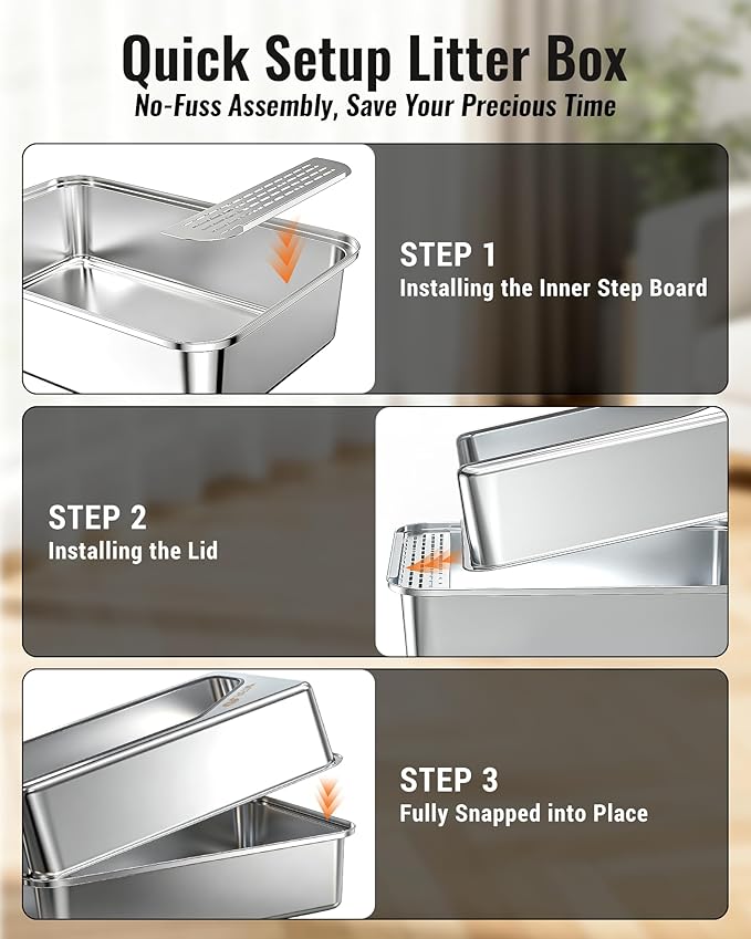 PETNF All Metal Cat Litter Box - All Stainless Steel Litter Box, Odor-Free Large Capacity with Included Litter Scoop, Leak-Proof High-Sided, Easy-to-Maintain for Big Cats & Multi-Cat Homes (2 Pack)