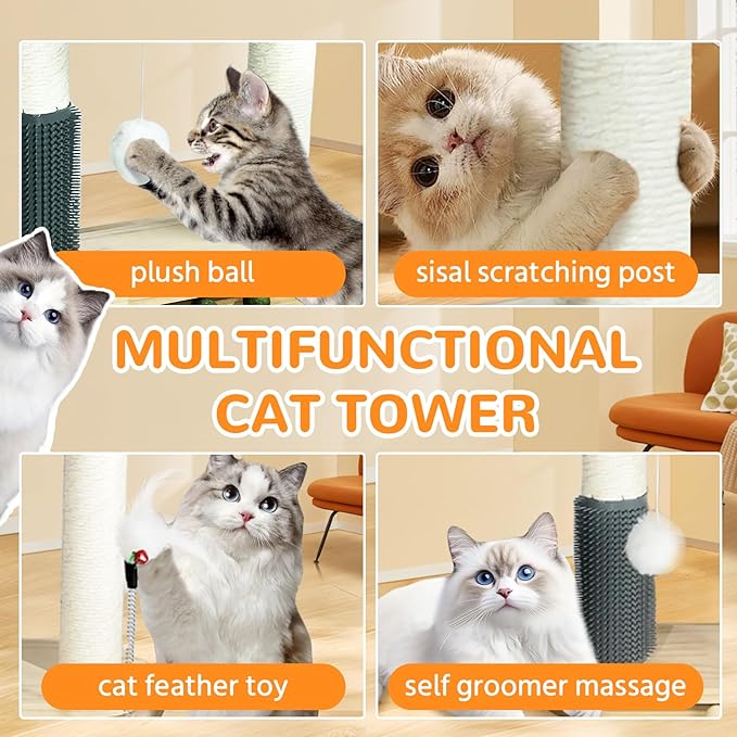 Small Cat Tree Tower, 16.5''H Cat Scratching Post with Bed 6-in-1 Cat Tree with Self Groomer Brush, Natural Sisal Scratcher Cute Kitten Climbing Tower with Scratching Post, Interactive Toy for Indoor