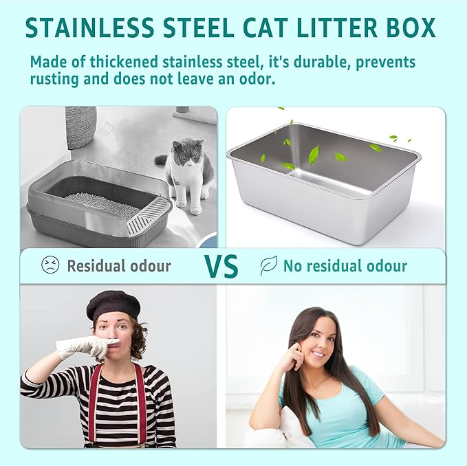 Stainless Steel Litter Box -6in High Side,Metal Litter Box for Cat/Kitty/Rabbits 17" L x 13.8" W x 6" H，Stainless Steel Cat LitterBox-Metal PanToilet,No Smell, Non Stick, Easy Clean