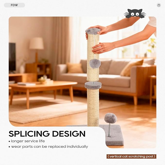 FDW 22 Inch Cat Scratching Post Cat Scratcher Natural Sisal Rope Scratch Post Kitten Trees with Hanging Ball for Indoor Cats,Light Gray