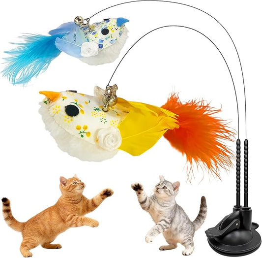 Walfront Interactive Cat Toy, Cat Teaser Wand with Double-Head Suction Base and 2 Realistic Bird Attachments for Indoor Self-Play and Exercise for Kittens and Adult Cats, Keeping Cats Playful & Happy