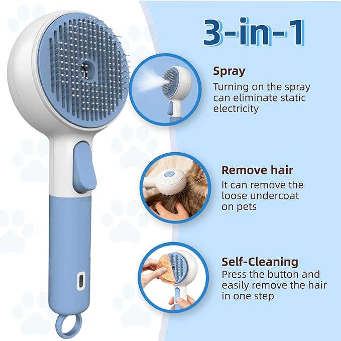 Cat Steam Brush for Shedding & Grooming - 3-in-1 Electric Spray Pet Hair Brush with Massage Function - Anti-Static Water Spray Comb for Tangled Hair, Rechargeable Grooming Tool for Cats & Dogs (Blue)