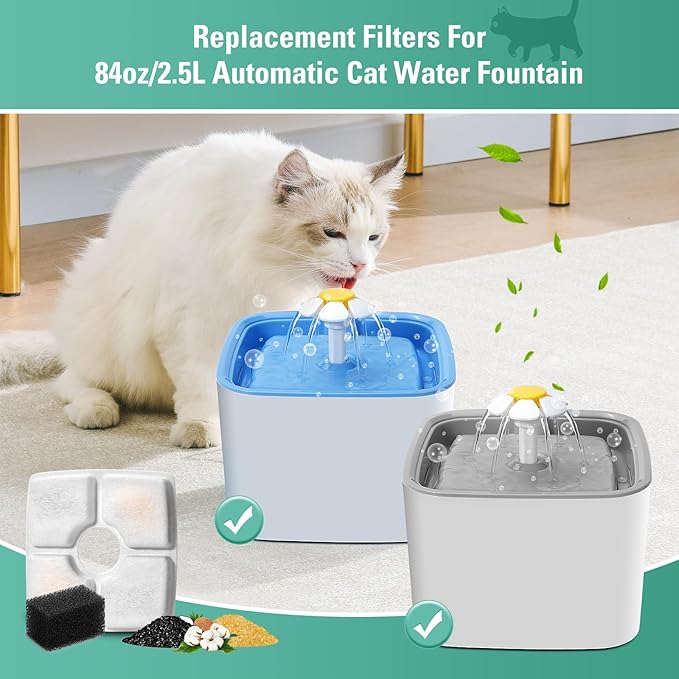 12 Pack Replacement Filters & Pre-filter Sponges for 84oz/2.5L Automatic Pet Fountain, BFLICROY Cat Water Fountain Filter, Triple Filtration Pet Fountain Replacement Filters