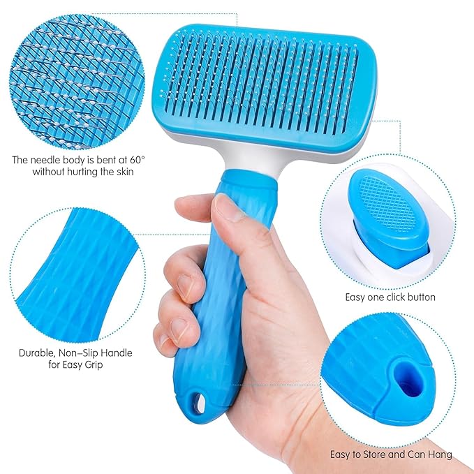 Generic Pet Grooming Brush, Blue - Self Cleaning Hair Brush for Dogs and Cats, Removes Loose Undercoat, Bristles with Massage Particles, Ergonomic Handle, For Long or Short Hair Breeds