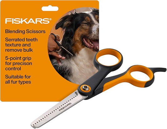 Fiskars Pet Blending Scissors, Dog and Cat Grooming Scissors, Serrated Teeth for Thinning & SoftGrip Handle, Cat and Dog Supplies, 6.5”, Orange/Black