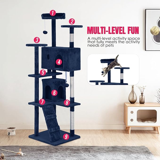 PayLessHere 70in Multi-Level Cat Tower with Scratching Post, Cat Condo Stand House Furniture Kitty Activity Center, Navy Blue