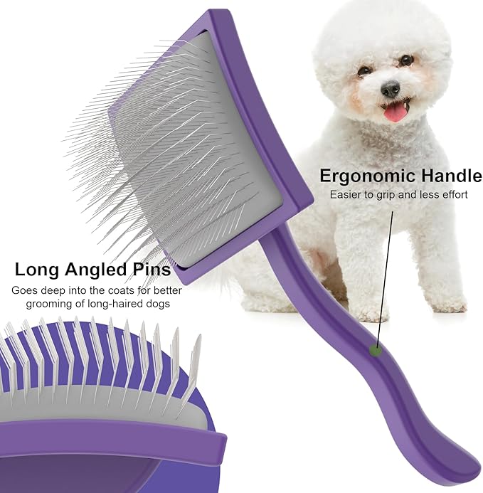 Slicker Brush for Long Haired Dog, Long Bristle Dog Brush, Professional Grooming Tool for Poodle, Goldendoodles, Labradoodles, Easy to Remove Loose Fur, Tangles, Mats, Fluff, Purple