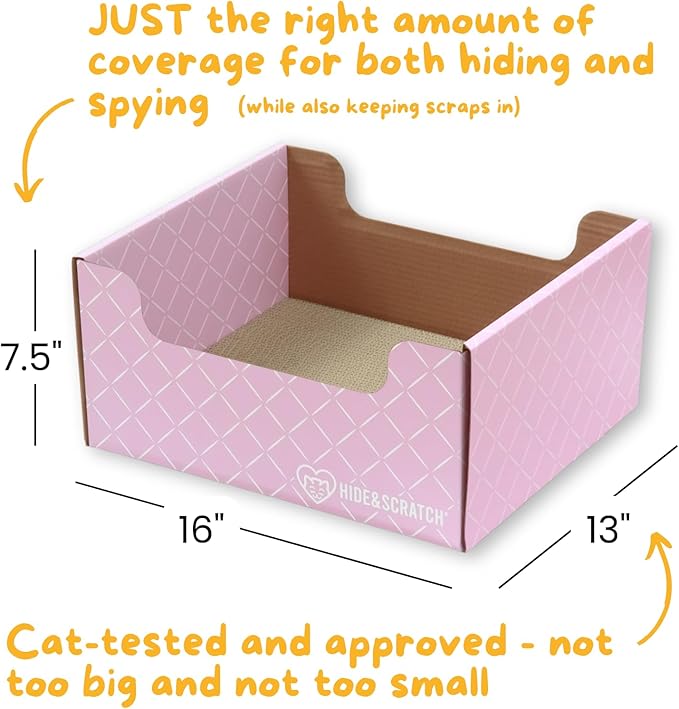 Hide & Scratch Cardboard Cat Scratcher Box & Bed - Light Pink Diamond | Double-Sided Corrugated Pad for Indoor Cats | Refillable Scratching Board Toy for Play & Furniture Protection