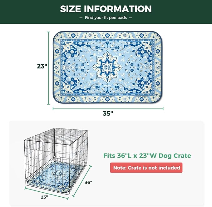 FXW Washable Pee Pads for Dogs, Puppy Pads with Super Absorbent, Specifically Designed for 36inch Cages, 23" x 35" Rectangle, Boho Blue, 2 Packs