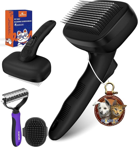 Dog Brush Kit - Self-Cleaning Slicker Brush with Bath Brush & Undercoat Rake | Deshedding Tools for Large - Small Dogs & Cats, Professional 3-in-1 Pet Grooming Set for Heavy Shedding, Black