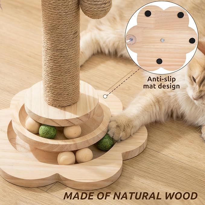 Scratching Post - 4 in 1 Cat Scratch Post, Interactive Cute Small Wooden Cat Scratcher with 2 Level Catnip Toys Balls & 2 Sisal Hanging Balls for Indoor Kitten Kitty