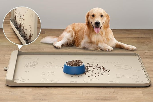 Dog Food and Water Mat 28x20 Inch Sand Color - Non-Slip Silicone Mat with High Edges & Residue Pocket - Waterproof Pet Feeding Mat for PET