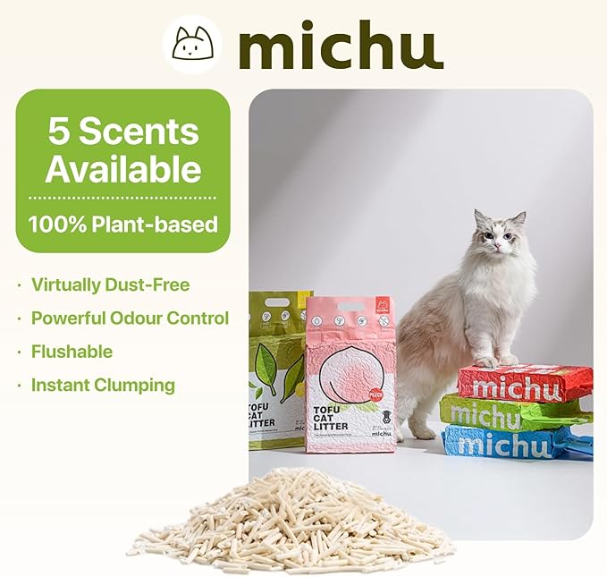 Michu Tofu Cat Litter Natural Clumping Tofu Cat Litter, Fast Clumping and Easily Scoop-able 5.5lb/88oz 5 Scents - Watermelon, 6 Pack