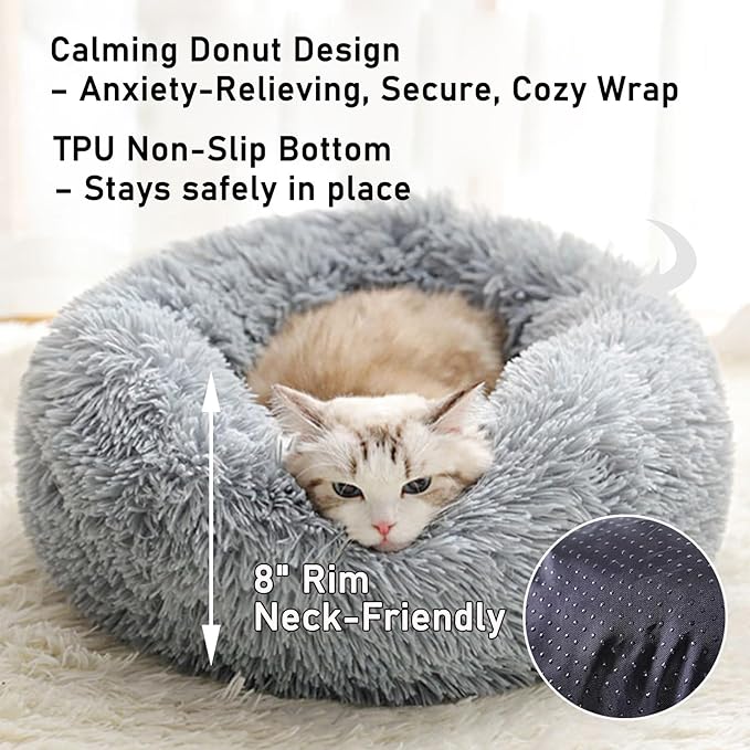 Calming Donut Dog Beds Large Sized Dog - Washable Removable Cover Non-Slip, Round Pet Bed Warming Fluffy Plush Faux Fur Anti-Anxiety Thick Cushion, Fits up to 80 lbs (Light Grey, 36")