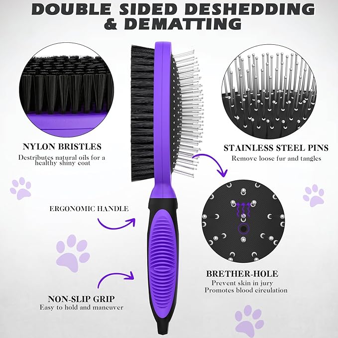 2PCS Pet Grooming Tools - Double-Sided Brush for Shedding and Bathing, Suitable for Short/Long Haired Dogs Cats and Horses, Deshedding Dog Brush, Mane & Tail Combs for Horses - Pet Supplies (Purple)