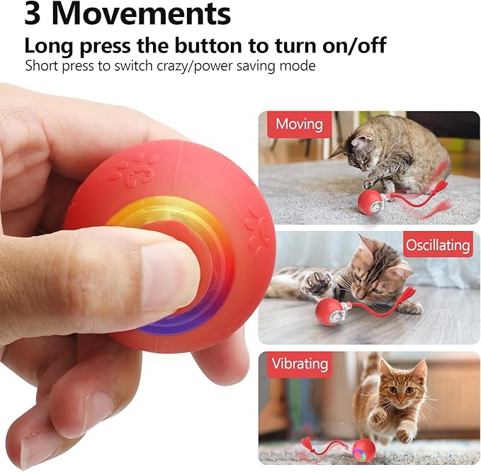 Interactive Cat Toys, Automatic Moving Cat Toys for Bored Indoor Adult Cats, Fast Rolling, Chirping & Motion-Activated Kitty Toys, Fun Gift for Cats with Speedy Tail 2.0, USB Rechargeable (Red)