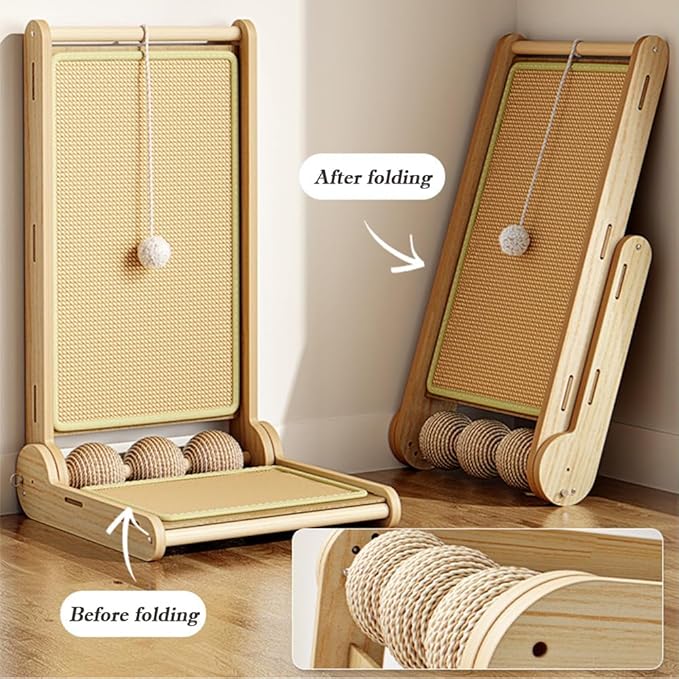 L Shaped Cat Scratching Post with Ball Toys, Sisal & Wooden Base Cat Scratcher Ramp for Indoor Cats, 23.6" Tall Durable Cat Scratch Pad for Wall and Couch Protection (Natural)