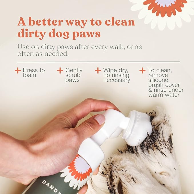 Dandylion Clean Paws | No-Rinse Dog Paw Cleaner & Dog Paw Washer | Gentle, Fragrance-Free, pH Balanced Foaming Cleanser with Silicone Bristle Brush | Safe for All Dogs | 5 fl oz