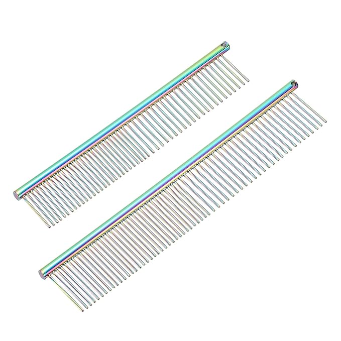 Dog Cat Comb, Pet Combs Stainless Steel Teeth with Rounded Ends for Knot Mat Loose Hair Removal, 6.5/7.5IN (Colorful Plated, 2 Pack), Grooming Tool Intended for Long Curly Hair Pet