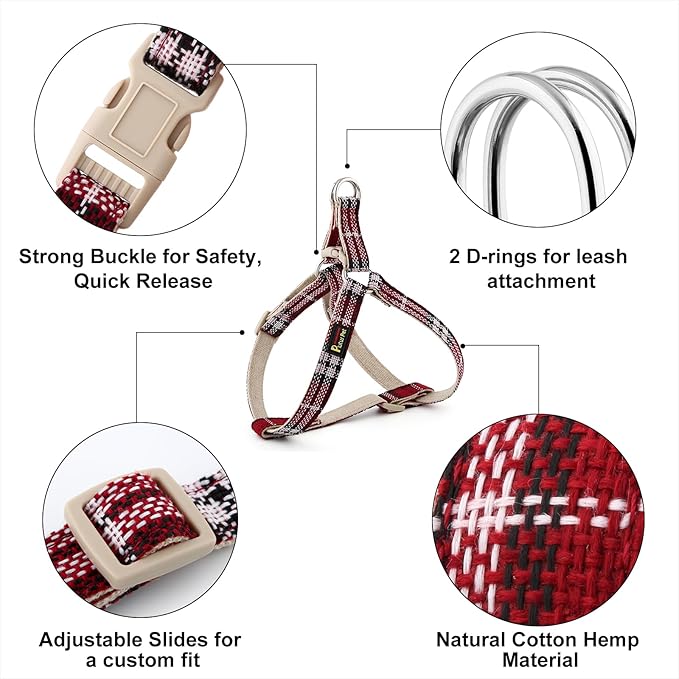 Plutus Pet Cotton Hemp Step in Dog Harness, Sustainable, Lightweight and Escape-Proof, Quick Fit Dog Harness for Puppy Small Medium and Large Dogs, Red Plaid, XS