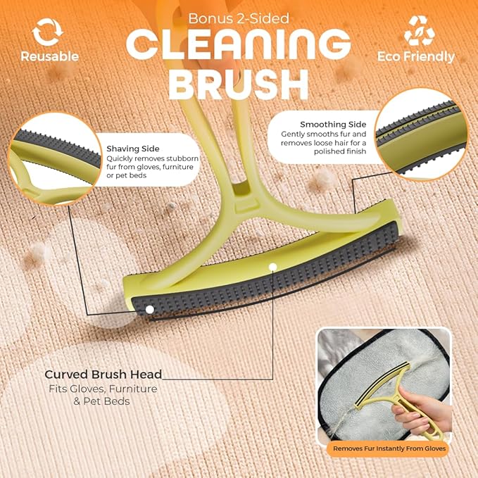 2 Pack Electrostatic Pet Hair Remover Glove with Cleaning Brush for Cats & Dogs, 2025 Upgraded Reusable 5-Finger Grooming Gloves – Magic Brush Tool for Furniture, Couch, Carpet, Car & Clothing (Black)