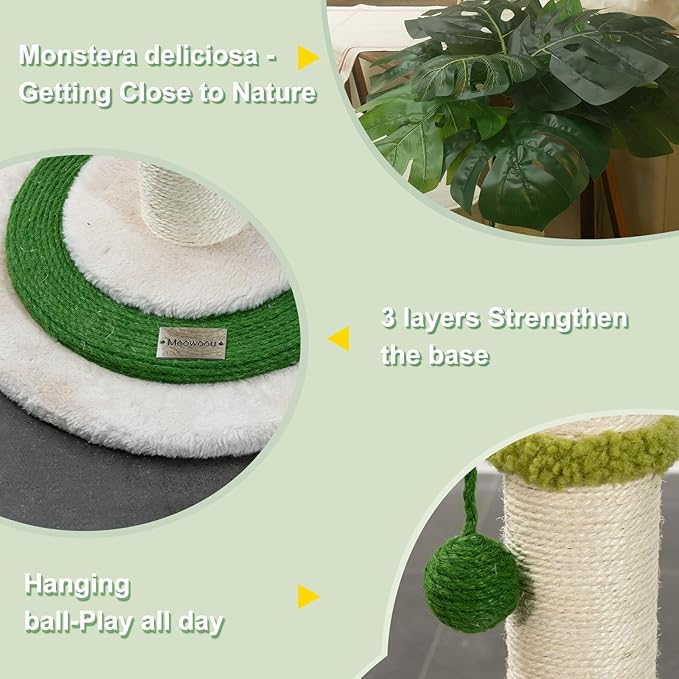 Meowoou Cat Scratching Post for Space-Saving,35” Tall Modern Monstera 3 Layer Cat Tree Tower with Sisal Rope Hanging Interactive Ball for Indoor Cats and Kitten Climbing,Play & Rest