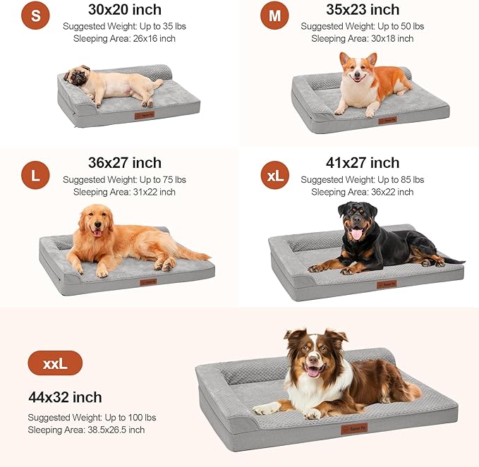 Orthopedic Dog Beds for Large Dogs, Memory Foam Dog Beds Large Sized Dogs, Washable Removable Cover, Nonskid Bottom, Waterproof, for Indoor, Outdoor, Crate ＆ Car Use, 41x27x6 Inches, Light Grey