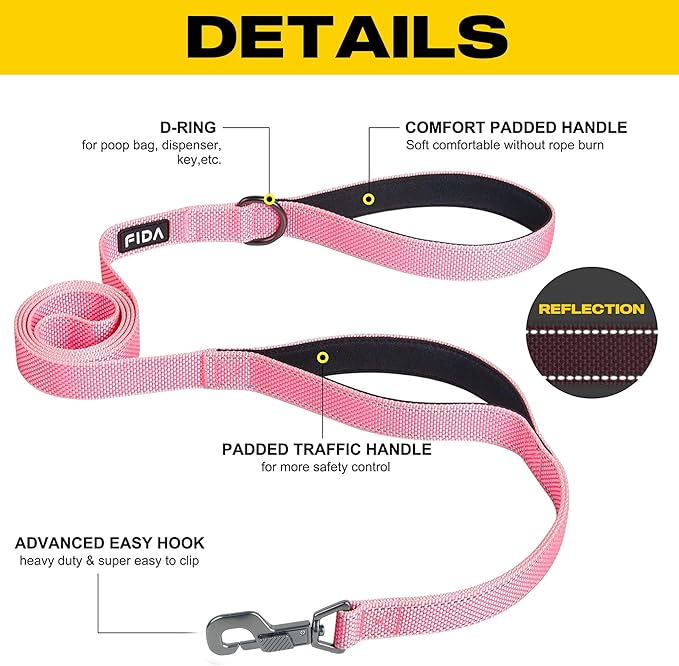 Fida 5 FT Heavy Duty Dog Leash with 2 Comfortable Padded Handles, Traffic Handle & Advanced Easy Snap Hook, Reflective Walking Lead for Large, Medium & Small Breed Dogs, Pink