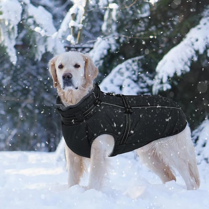 Lelepet Waterproof Dog Jacket with Harness Built in Warm Dog Winter Coat, Reflective Fleece Jacket, Dogs Coats for Lage Dogs, Thermal Turtleneck Pet Snowsuit for Cold Weather, French Bulldogs, Black L