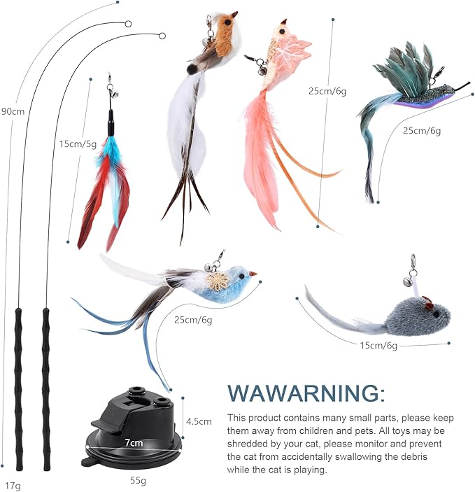 Interactive Bird Simulation Cat Toy Set -2 Teaser Poles, 4 Replacement Birds, 1 Feather & 1 Mouse - Self-Stick Base for Realistic Hunting Fun