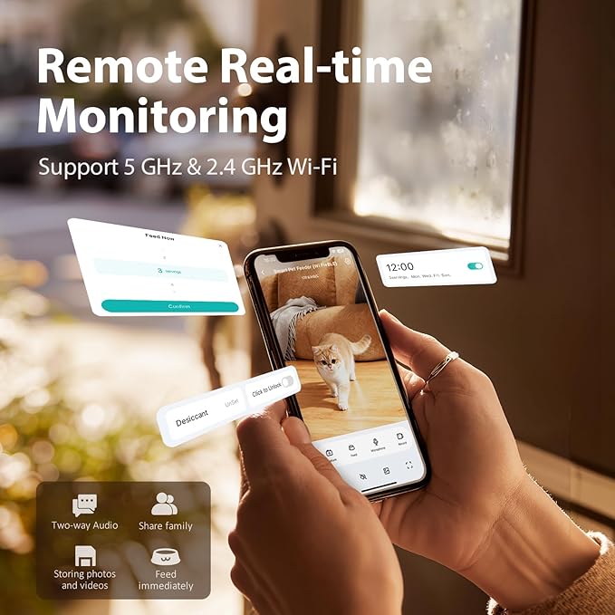 IMIPAW Automatic Cat Feeder with Camera, 1080P HD AI Pet Recognition Recording, 5G WiFi APP Remote Control, Timed Programmable Food Dispenser, Two-Way Audio, with Night Vision Function and Desiccant