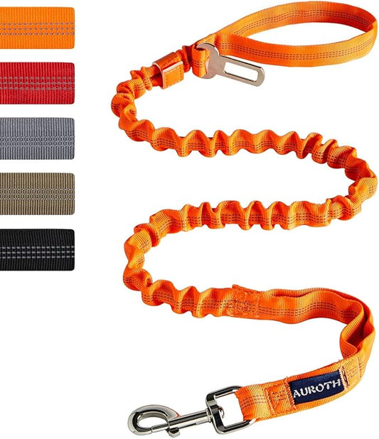 AUROTH Heavy Duty Bungee Dog Leash for Large Breed Dogs, No Pull for Shock Absorption with Car Seat Belt, 2 Padded Handles 4.5Foot 6Foot Training Dog Leash Orange