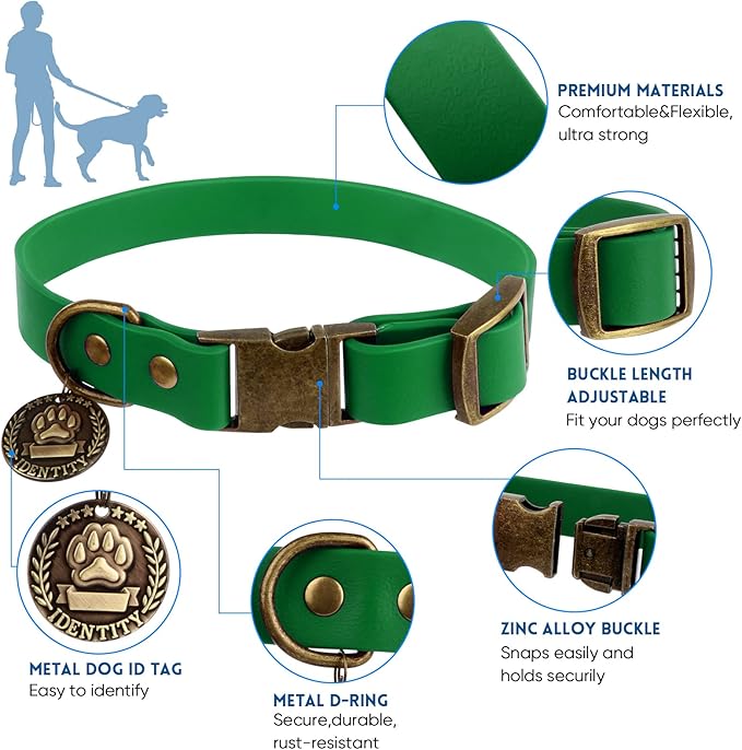 Wisedog Dog Collar and Leash Set, Waterproof Adjustable Puppy Collars with Cute Tag 4FT Dog Leash with Poop Bag for Small Medium Large Dogs (XS, Deep Green)