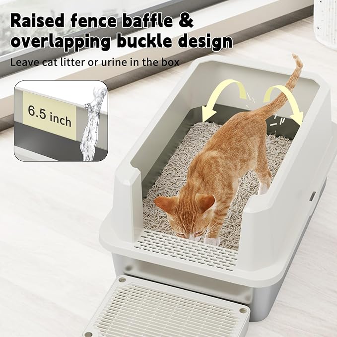RIZZARI Open Cat Litter Box: Large Beige Stainless Steel Litter Pan 23.8" x 15.9" x 12.4" - High Sided Splash-Proof Easy Clean Toilet for Cats up to 20 lbs - Ideal for - Laundry Areas - Apartments