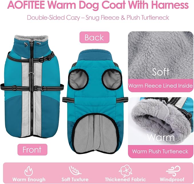 AOFITEE Dog Coat for Large Dogs, Waterproof Dog Winter Jacket with Built in Harness, Warm Turtleneck Cold Weather Coats Large, Reflective Fleece Lined Snow Jacket for French Bulldog, Boston Terrier, L