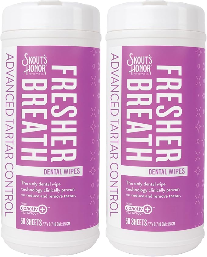 SKOUT'S HONOR Pet Dental Wipes - Fights Plaque and Tartar, Freshens Breath Fast, No Brushing Required, 50 Sheets, 2-Pack